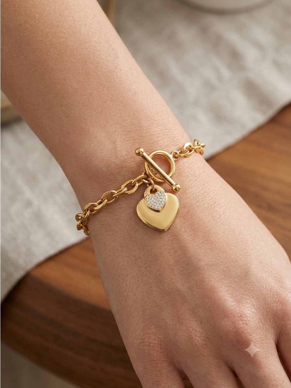 Gold Heart Charm Toggle Bracelet  Stainless Steel CZ Gold Plated